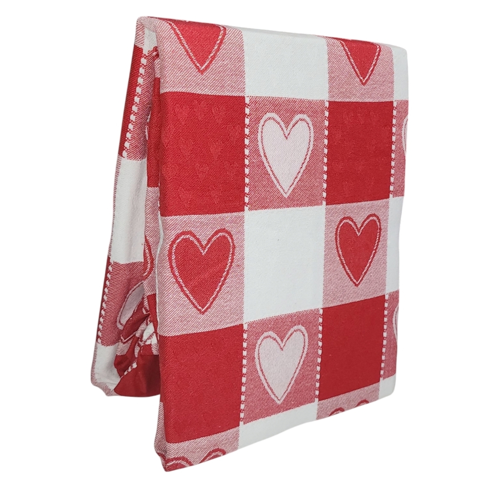 Rachel Zoe Red And White Hearts Woven Check‎ Cotton Tablecloth 60x84in Oblong